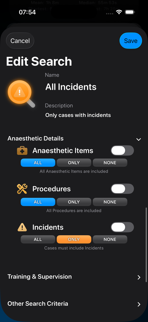 Somnus - Edit Search interface in Somnus app with filters for medical incidents and anaesthetic items