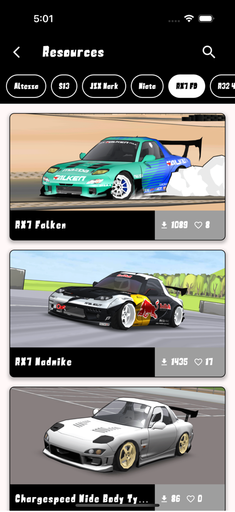 Interface do aplicativo móvel mostrando uma lista de skins de carro para o modelo RX7 FD no FR Legends