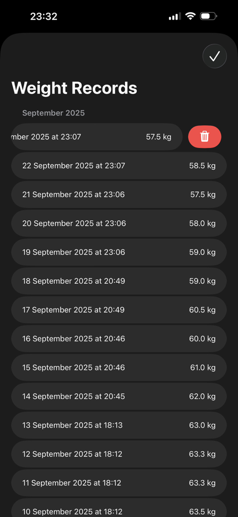 A list of daily weight records in the EasyWeight app showing dates and weight measurements in kilograms on a dark themed interface