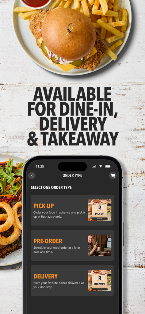 RASHAYS® - Rashays mobile app showing order type options for pickup pre-order and delivery with a burger and fries