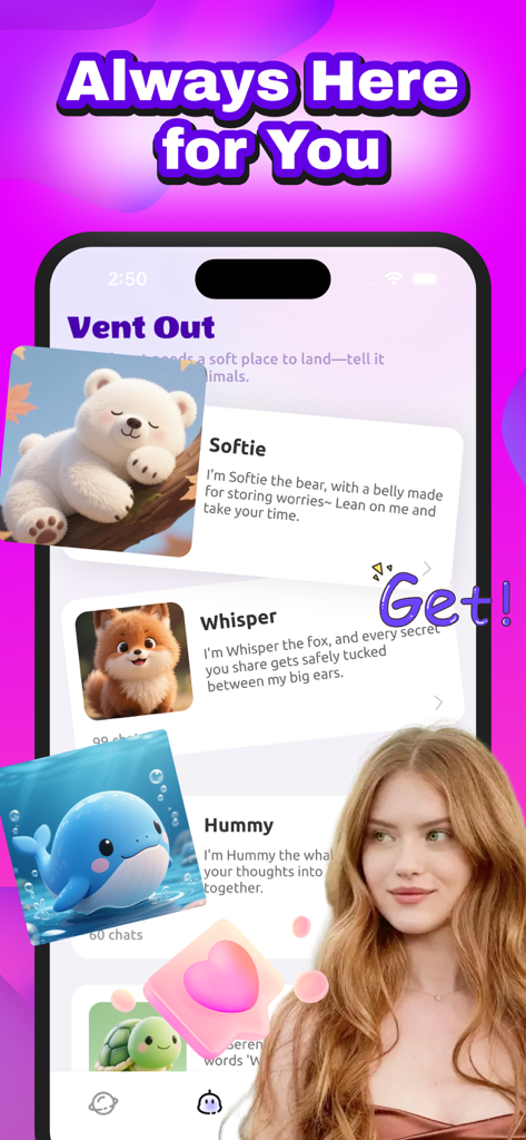 Taggo app screen featuring adorable AI pets like Softie the bear and Whisper the fox for users to vent and share feelings