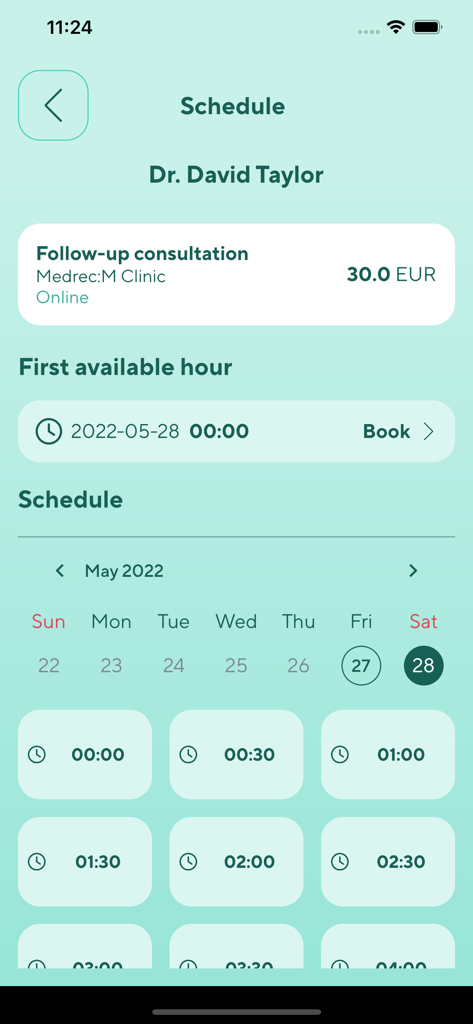 Medrec:M - Interface for scheduling an online medical consultation with a doctor in the MedrecM app.