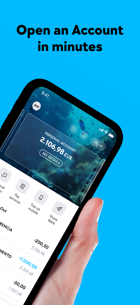 ActivoBank mobile app dashboard showing personal account balance and quick access features like pay services and share IBAN