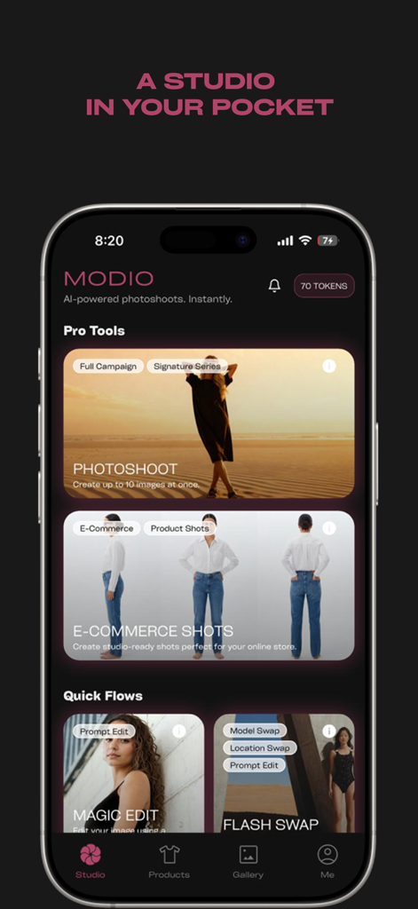 Modio mobile app interface showing AI powered fashion photoshoot and ecommerce tools