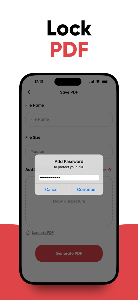 JPG to PDF | Photos to PDF - Uma interface móvel mostrando o recurso para adicionar uma senha a um PDF para segurança e privacidade