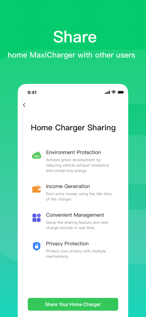 Interface de l'application Autel Charge montrant la fonction de partage de chargeur domestique pour les propriétaires de VE