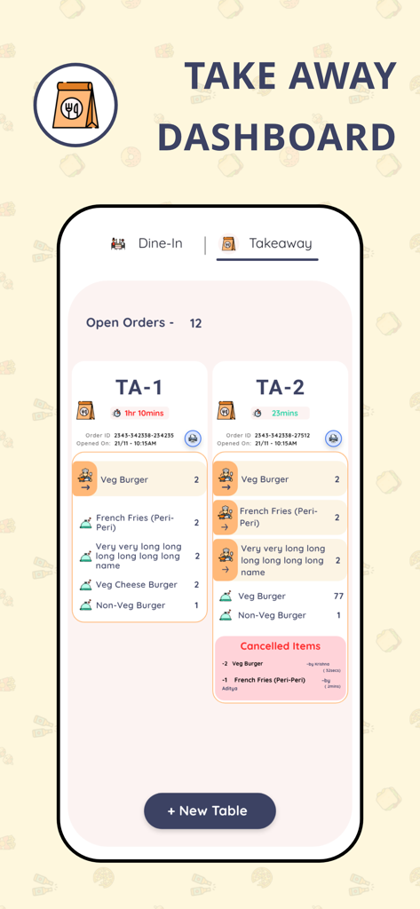 Menula restaurant partner app showing a takeaway dashboard with active orders and item details