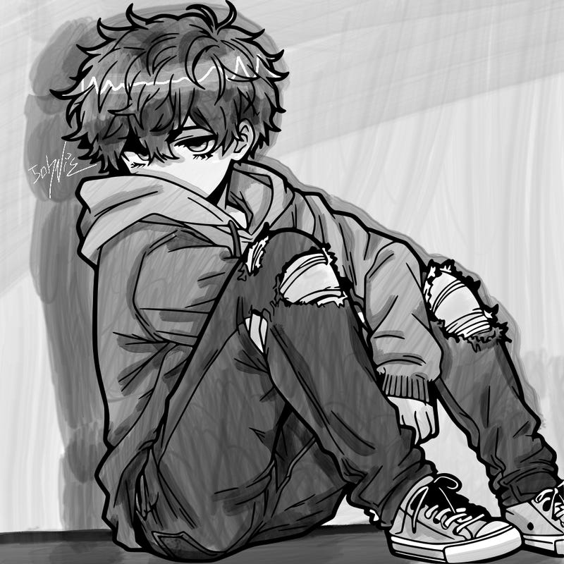 a male hoddie ripped jeans messy hair anime