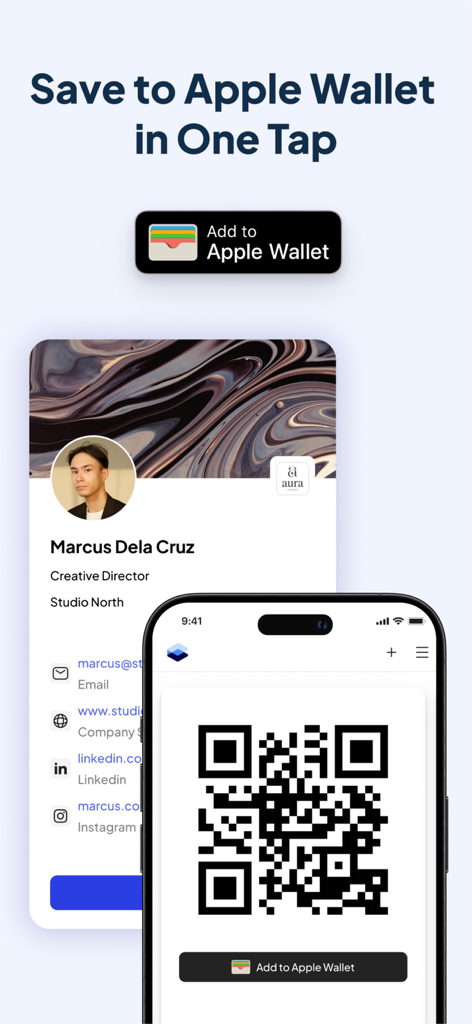 Fluer: Digital Business Card - Interfaccia che mostra un biglietto da visita digitale con un codice QR e un pulsante Aggiungi ad Apple Wallet.