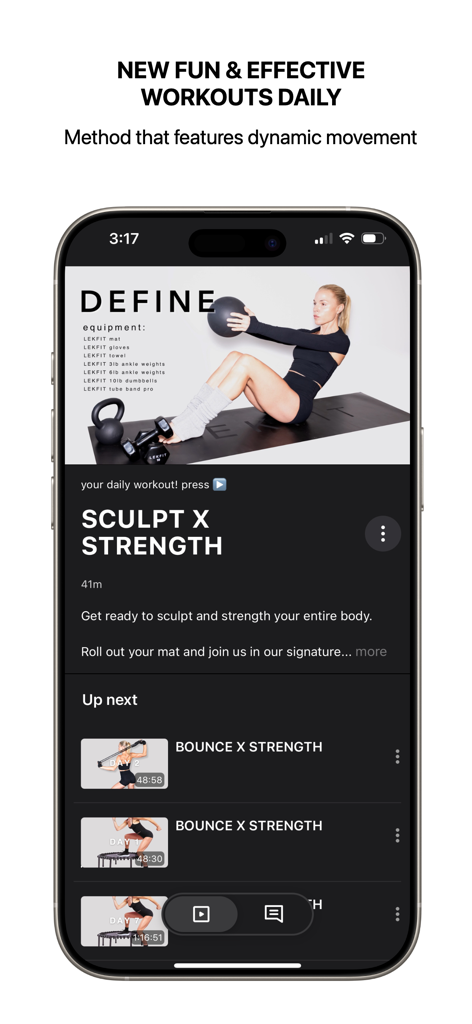 LEKFIT app interface showing daily workout routines for sculpting and strength training on a smartphone.