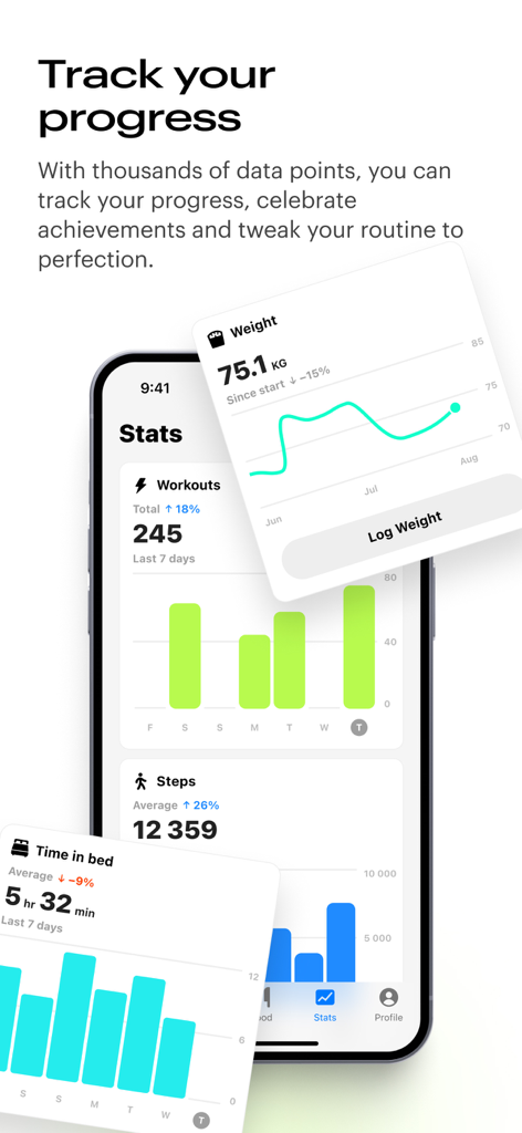 Fitify Gym app dashboard showing fitness statistics and weight progress charts