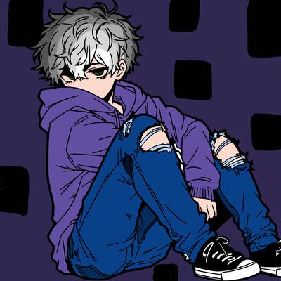 a male hoddie ripped jeans messy hair anime