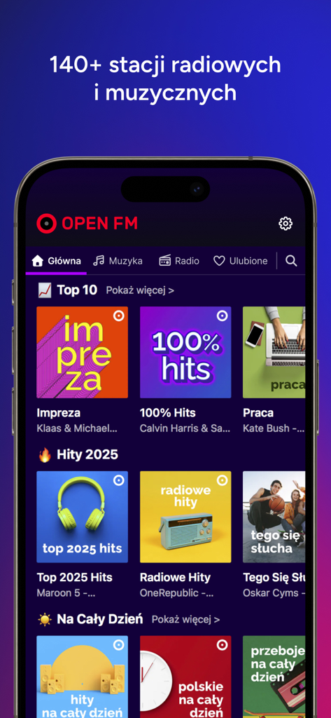 Interfaz de la aplicación Pilot WP mostrando la sección Open FM con más de 140 estaciones de radio y música polacas.