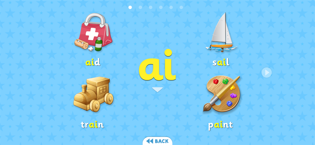 Phonics Flashcards Premium - Educational flashcard for the ai sound featuring aid sail train and paint illustrations