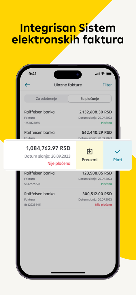 Moja mBanka Raiffeisen - Mobile app screen showing integrated electronic invoices for business users in Raiffeisen Moja mBanka