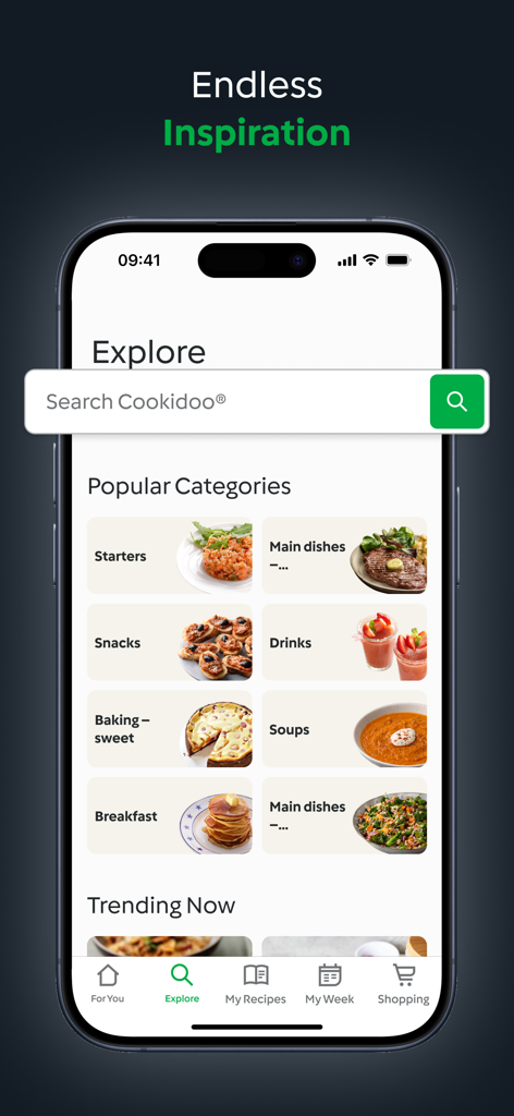 Thermomix® Cookidoo® App - Schermata di esplorazione dell'app Thermomix Cookidoo che mostra categorie di cibi popolari e una barra di ricerca