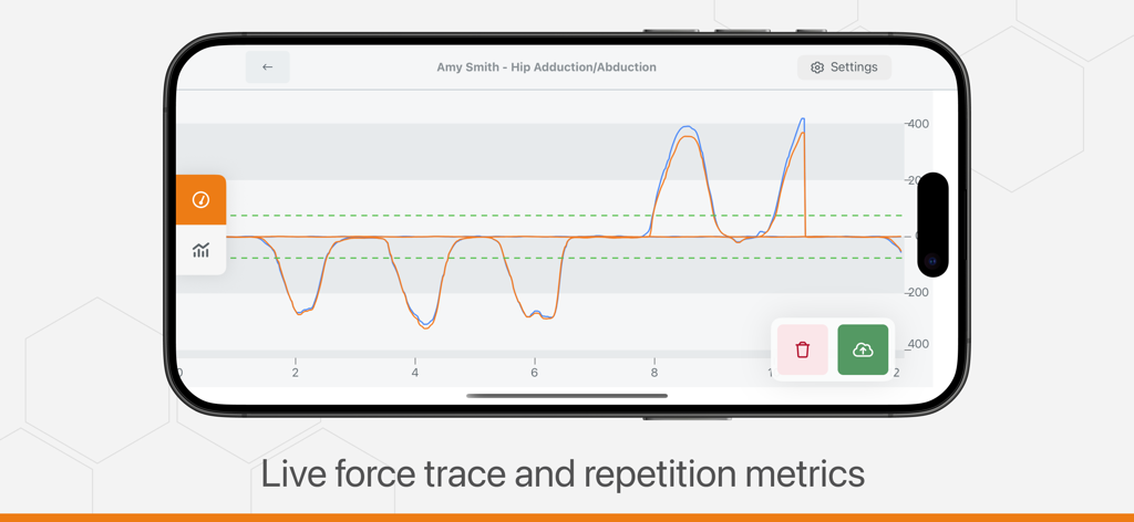 ForceFrame - ForceFrame app displaying a live force trace graph and repetition metrics for isometric strength testing.
