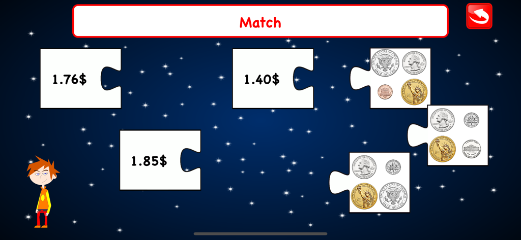Coins Math Learning Games Kids - A matching puzzle game where kids link numerical dollar amounts to the corresponding sets of US coins