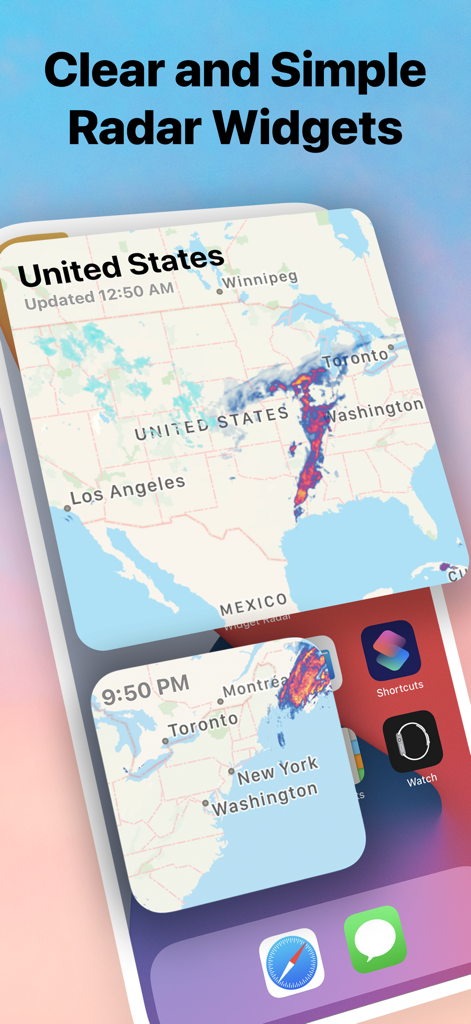 Pantalla de inicio de iPhone que muestra dos widgets de radar meteorológico con mapas de precipitación en vivo de los Estados Unidos
