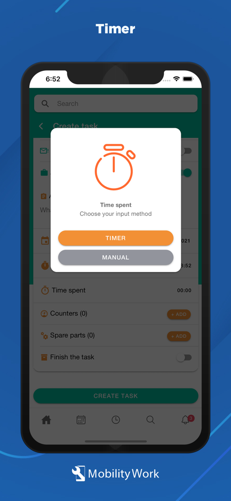 Mobility Work - Capture d'écran de l'application mobile Mobility Work montrant une fenêtre contextuelle pour suivre le temps de maintenance via un chronomètre ou une saisie manuelle.