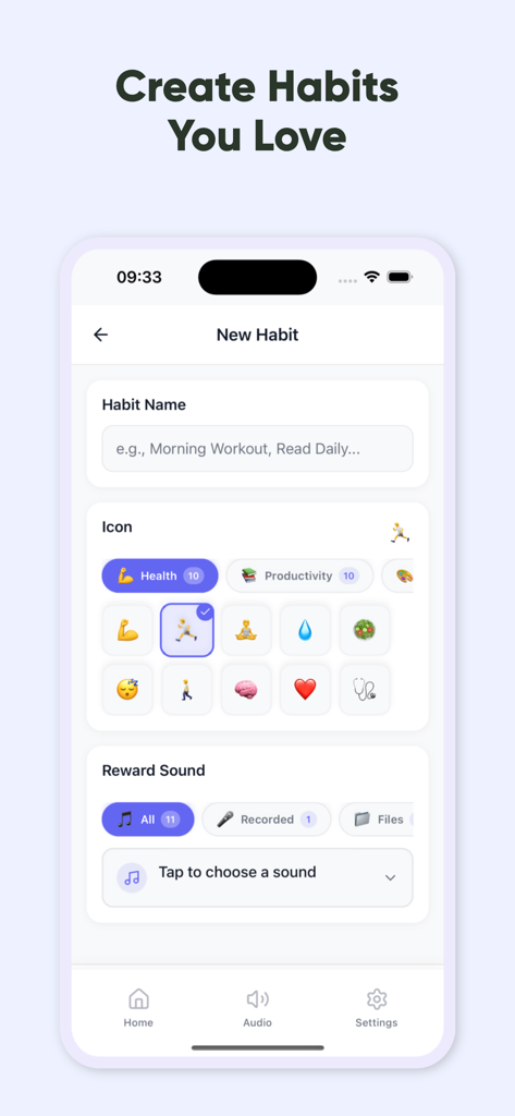 Interface de l'application mobile Rodjo pour la configuration d'une nouvelle habitude avec sélection d'icônes et options de récompenses audio