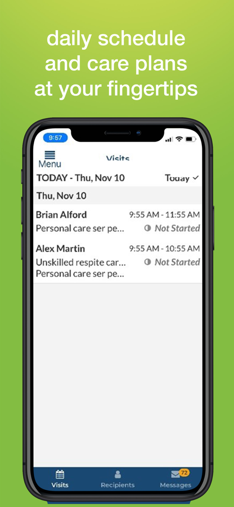 Mobile Caregiver plus app interface displaying daily patient visit schedule