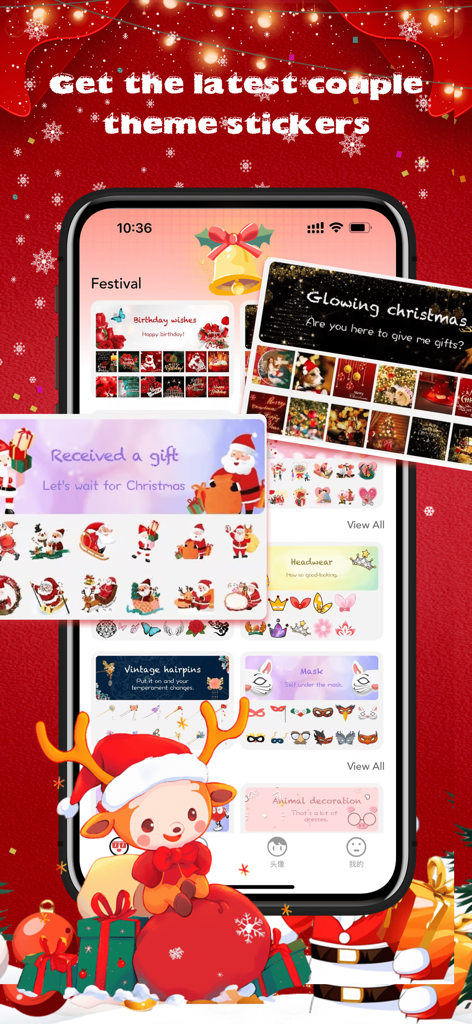 Interface of the Christmas Stickers and Emoji app featuring festive holiday sticker packs and a cute reindeer