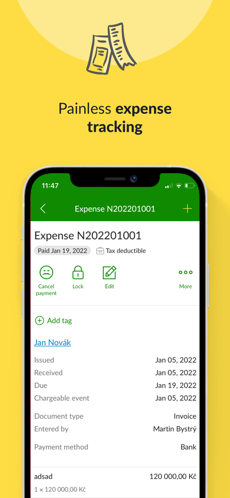 Fakturoid - invoices made easy - Screenshot of the Fakturoid app interface showing detailed expense tracking and tax deductible management on a smartphone