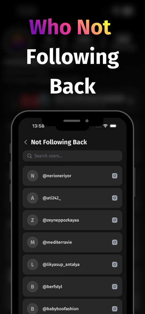 Smartphone screen displaying the Not Following Back feature which identifies Instagram users who do not follow the user back