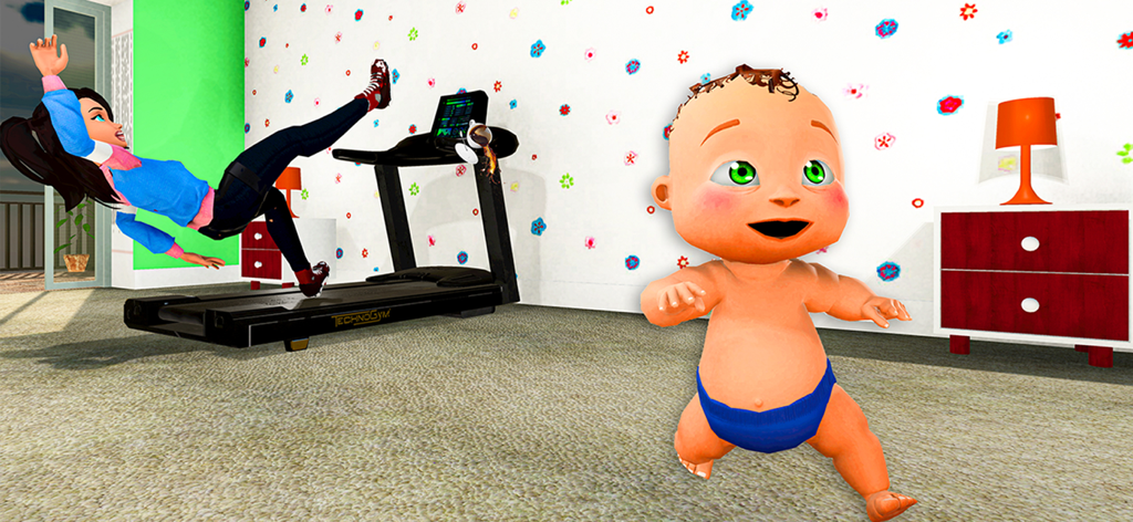 A 3D virtual baby in a blue diaper standing in a room while the mother falls off a treadmill in the background