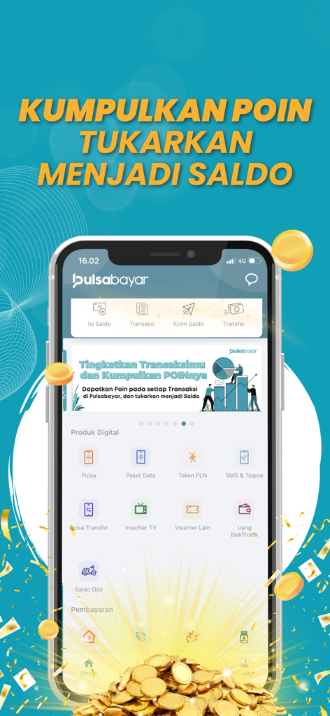 Pulsabayar: Agen Pulsa & PPOB - Pulsabayar 앱 인터페이스에 로열티 포인트 적립 및 디지털 결제 옵션 표시