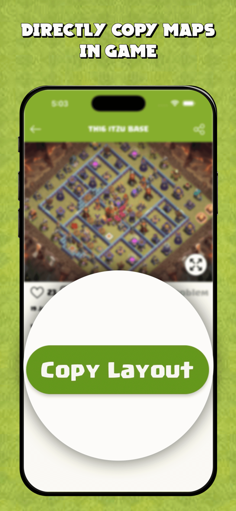 Map Layout for Clash of Clans - Mobile app screenshot showing a copy layout button for clash of clans maps