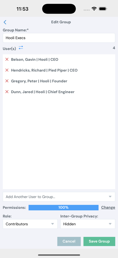 ShareVault mobile interface for managing user groups and permissions.
