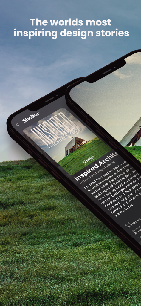 Interfaz de la aplicación Shelter que muestra historias inspiradoras de arquitectura y diseño en un smartphone