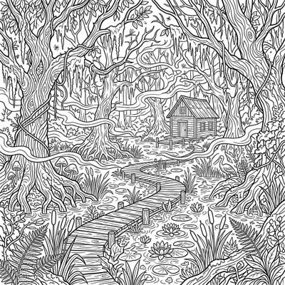 Immerse yourself in the serene yet mysterious beauty of this adult coloring page featuring a misty swamp. Explore intricate details of gnarled trees, a hidden cabin, and abundant wetland flora, perfect for a relaxing creative escape.