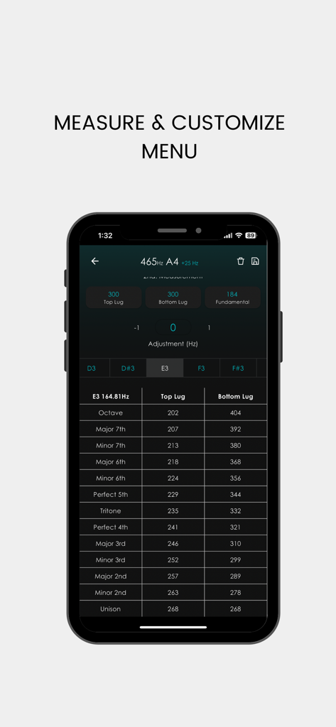 Ultimate Drum Tune - Ultimate Drum Tune App „Messen und Anpassen“-Menü, das Lug-Tonhöhenintervalle und Frequenzdaten anzeigt.