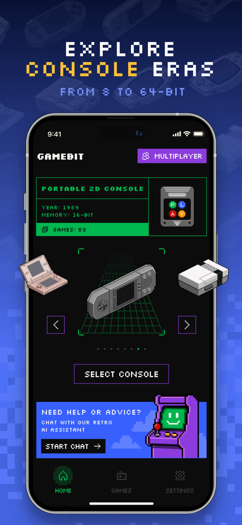 Gamebyte app interface showing retro console selection with a pixel art design