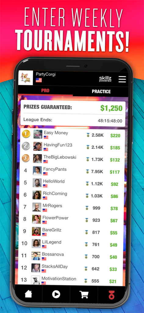 Strike! By Skillz Pro Bowling - Clasificación de torneos para Strike By Skillz Pro Bowling mostrando los rankings semanales de torneos y premios en efectivo