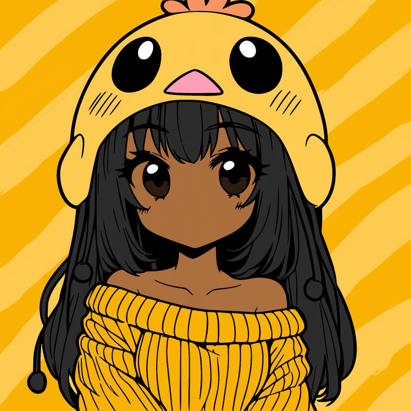 anime girl with chick shaped hat with sweater with bare shoulders with bangs covering them one eye with low tail