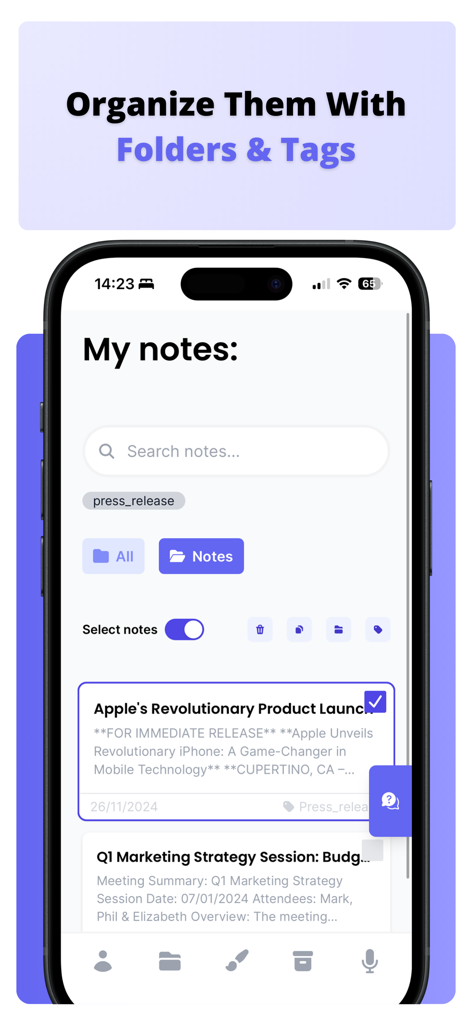 User interface of the Talknotes app showing a list of voice notes organized with folders and tags for high productivity