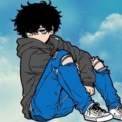 a male hoddie ripped jeans messy hair anime