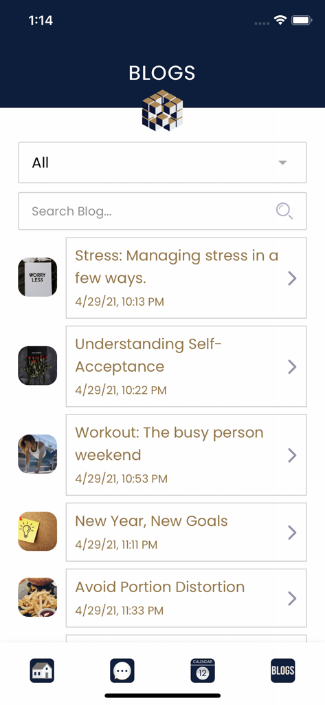 My Company Wellness - Screenshot of the blogs section in the My Company Wellness app featuring articles on stress management and nutrition.