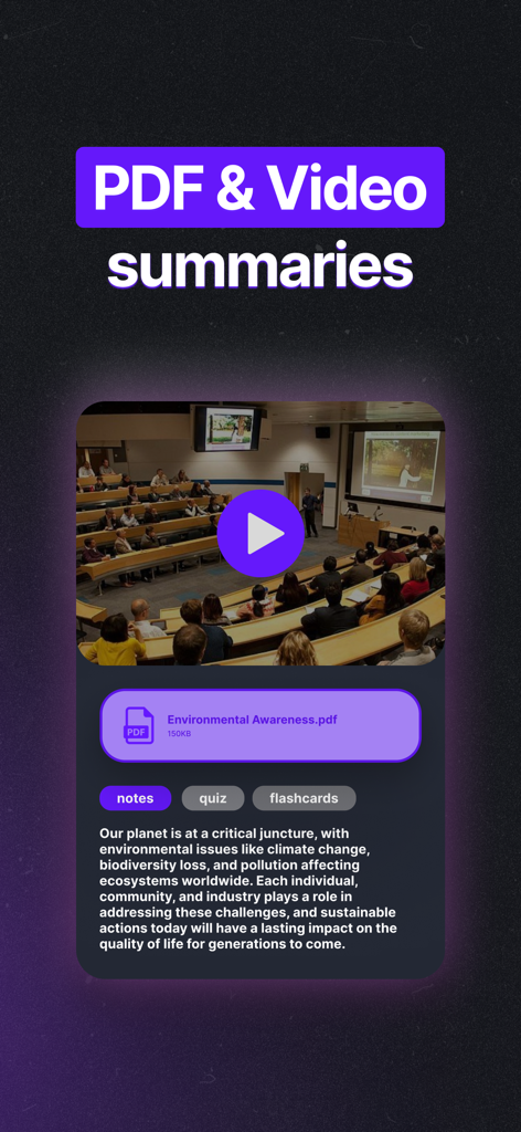 Turbo AI - Notetaker - Turbo AI app interface showing a summary generated from a lecture video and a PDF document about environmental awareness.
