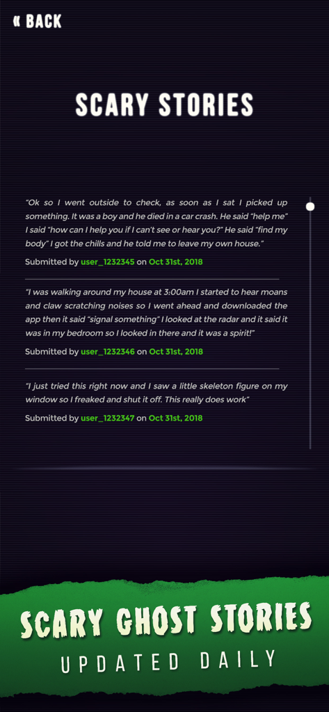 Ghost Detector Radar Camera - A collection of user-submitted scary ghost stories inside the Ghost Detector app interface
