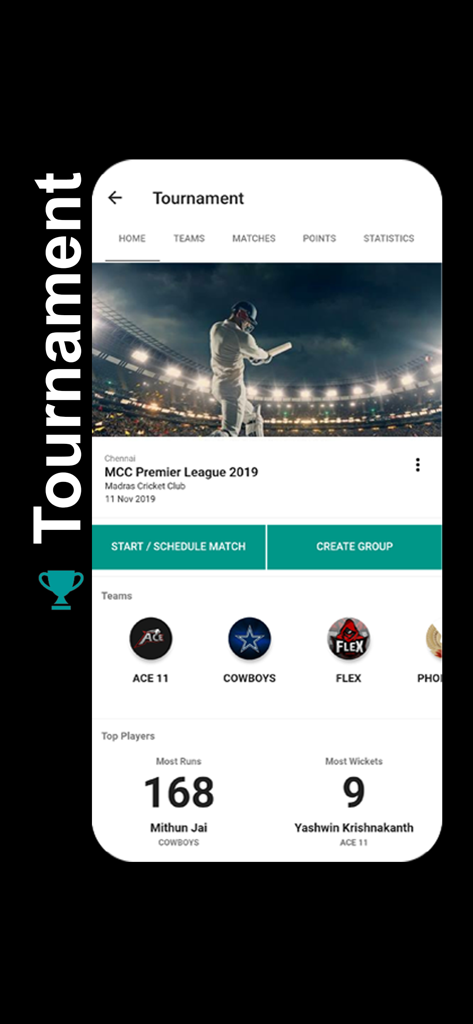The tournament home screen of the Stumps cricket app showing the MCC Premier League dashboard with team lists and top player stats for runs and wickets