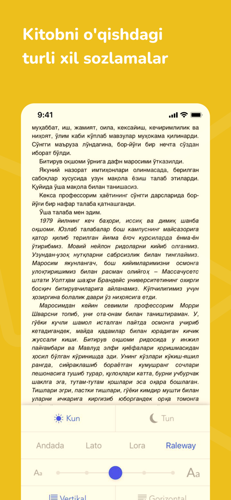 Asaxiy Books - Interfaccia del lettore di e-book dell'app Asaxiy Books che mostra le impostazioni di personalizzazione del testo, inclusa la selezione dei caratteri e le modalità di visualizzazione in lingua uzbeka