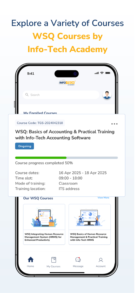 INFOTECH ACADEMY app interface displaying enrolled WSQ courses and progress bar for an accounting course