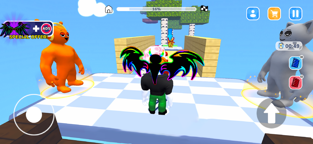 Obby World: Prison Escape - A character with colorful neon wings in a 3D obstacle course with blue sky and checkered platforms.