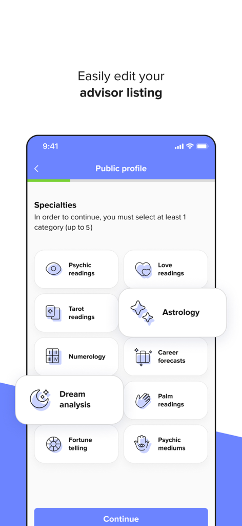 Interface de l'application Kasamba Advisors montrant l'écran de configuration du profil public où les lecteurs peuvent sélectionner des spécialités comme l'astrologie et le tarot.