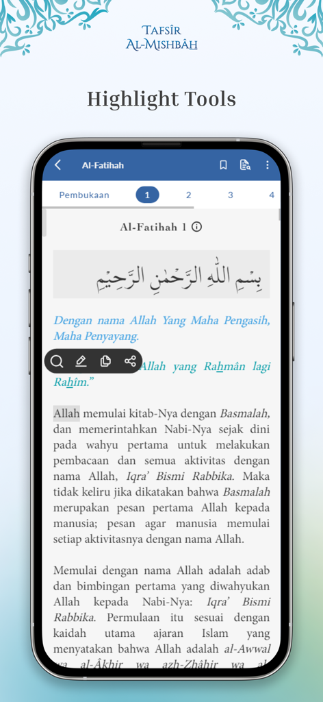 Tafsir Al-Misbah - Tafsir Al-Misbah mobile app interface showing the text highlight and study tools